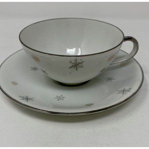 Vintage MCM Japanese China White Silver Gold Atomic Starburst Cup & Saucer Set
